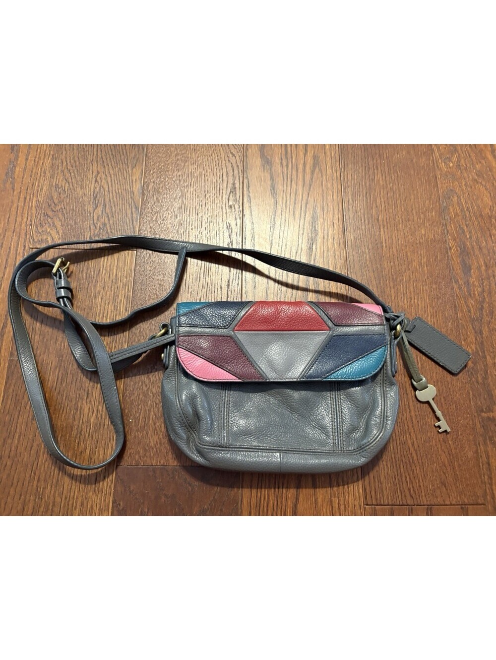 Fossil Leather Patchwork Colorblock Crossbody Bag Geometric Multicolor Boho Chic